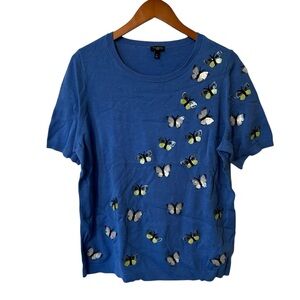 NWT Talbots Blue Yellow Combo Butterfly Embellished Short Sleeve Top Womens 1X